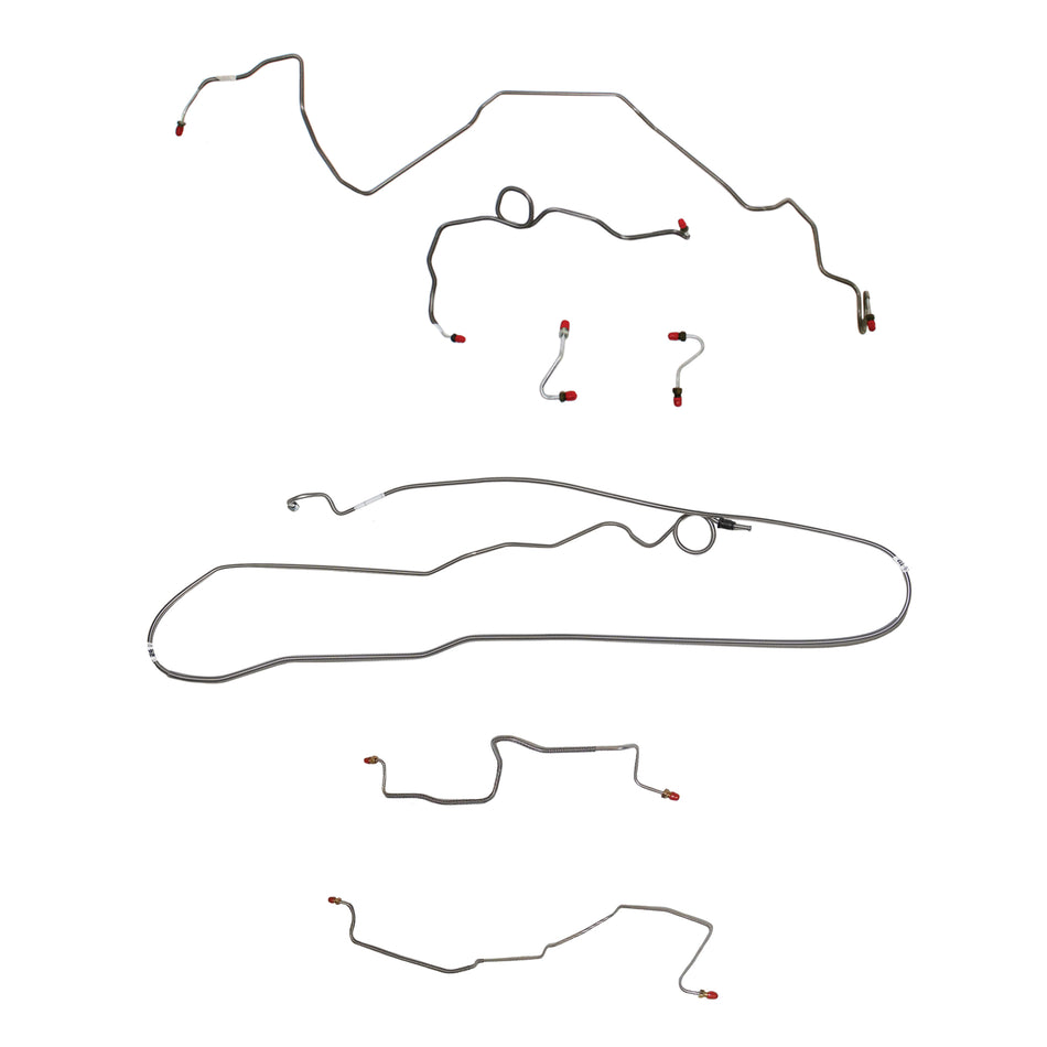 1989 Pontiac Firebird, w/ Rear Drum, 2.8L 6 cyl or 3.1L 6 cyl, Line Enters Bottom of Valve, Coarse Threads on Master, Borg-Warner HD Axle; Complete Brake Line Kit; Stainless - SSTubes