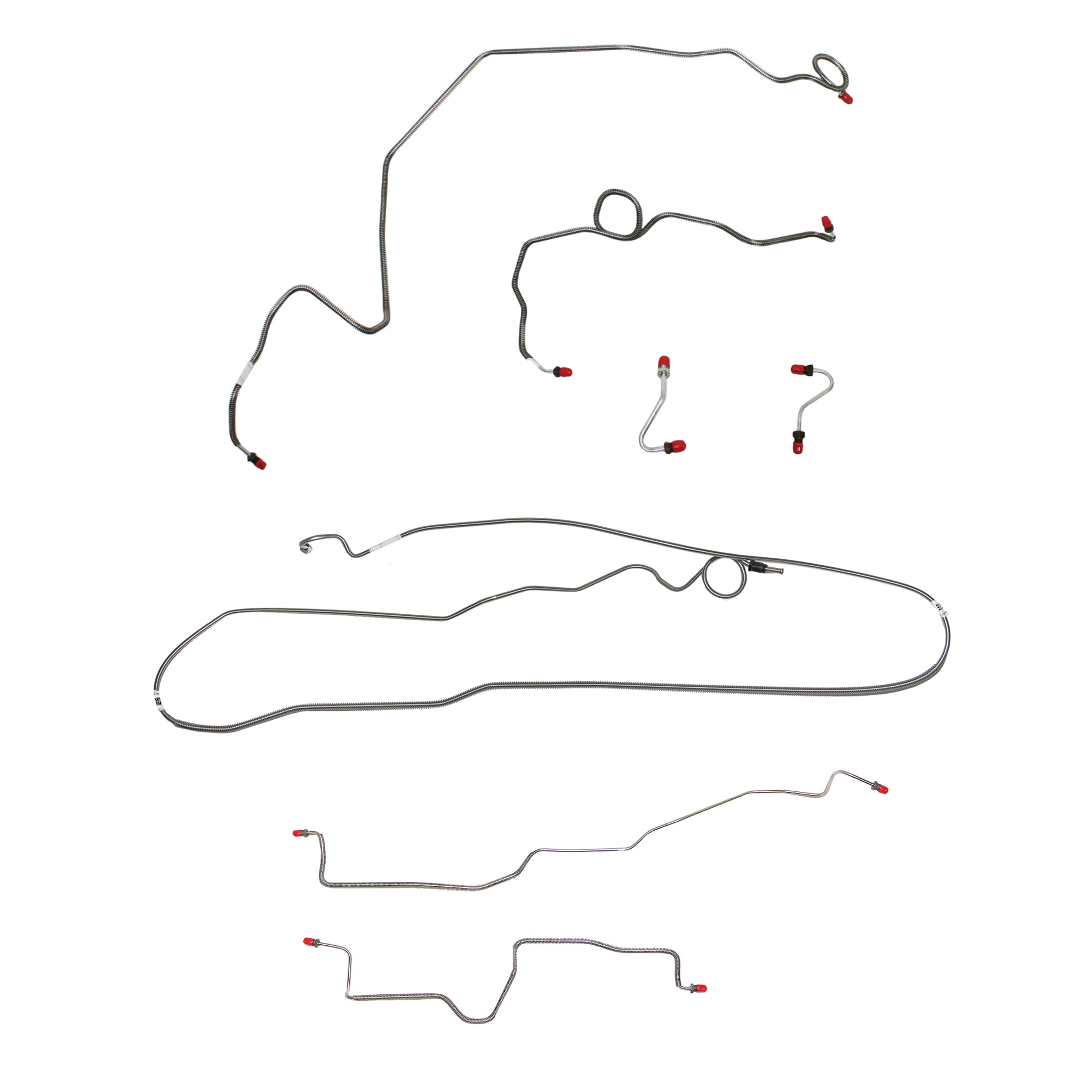 1989-92 Pontiac Firebird, w/ Rear Drum, 5.0L 8 cyl or 5.7L 8 cyl, Line Enters Bottom of Valve, Coarse Threads on Master, non Borg-Warner HD Axle; Complete Brake Line Kit; Stainless - SSTubes