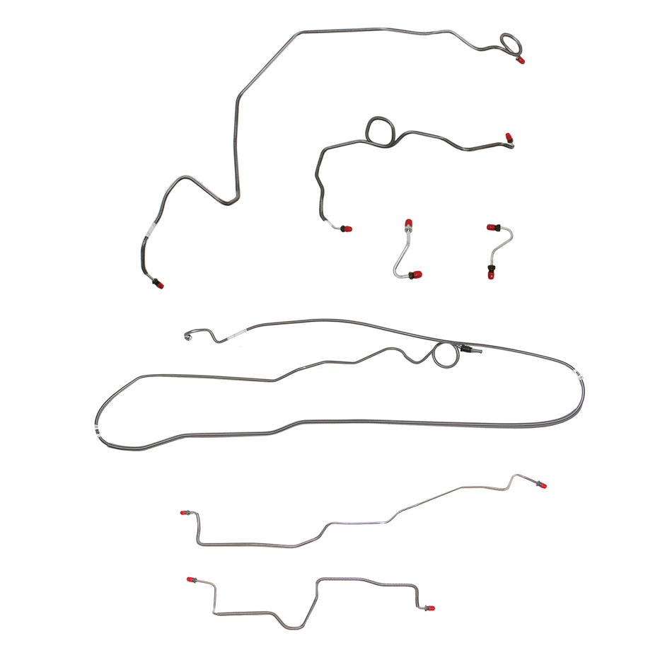 1989-92 Pontiac Firebird, w/ Rear Drum, 5.0L 8 cyl or 5.7L 8 cyl, Line Enters Bottom of Valve, Coarse Threads on Master, non Borg-Warner HD Axle; Complete Brake Line Kit; Stainless - SSTubes