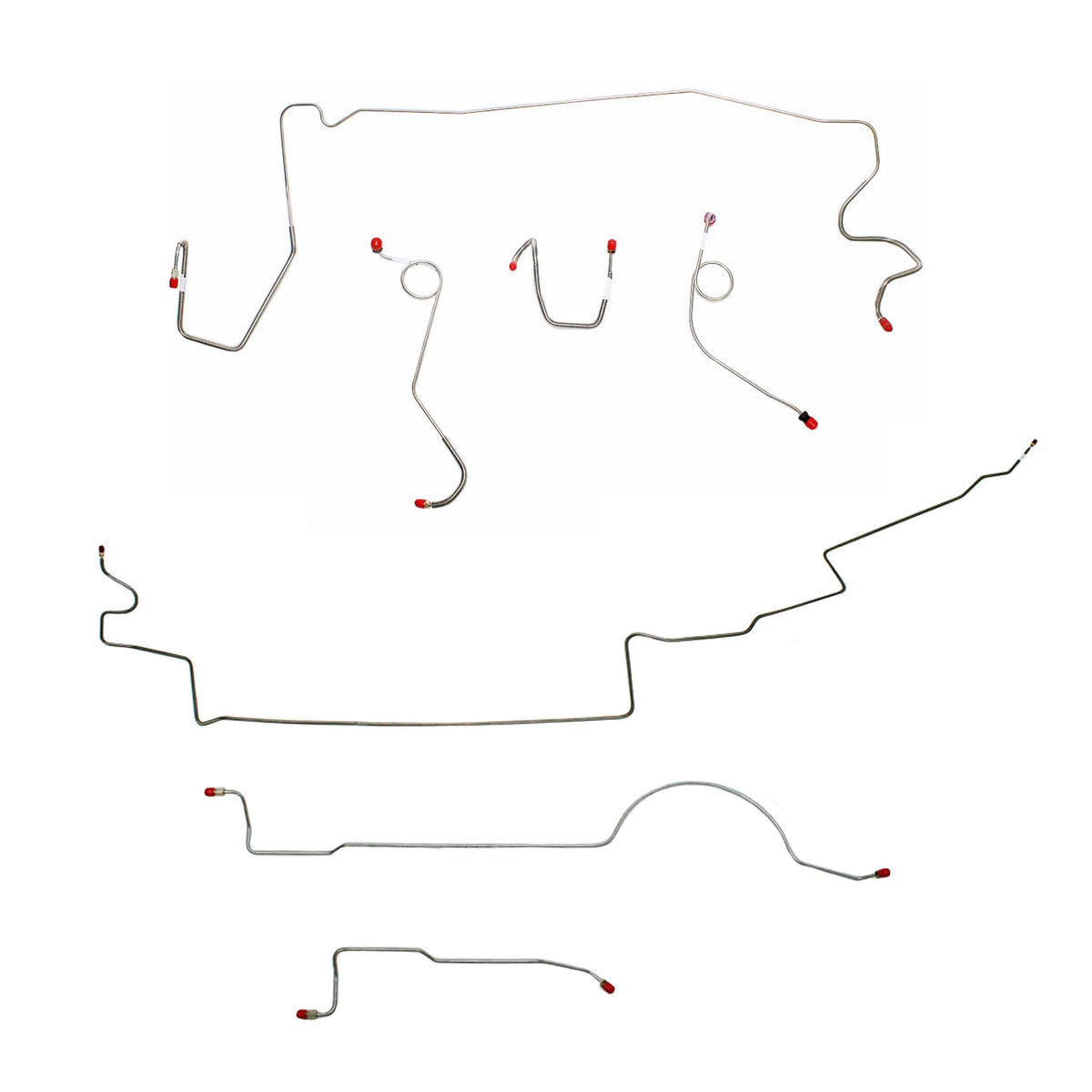 Complete brake line kit for 1973 MOPAR A-body with standard brakes and 111'' wheelbase, featuring steel construction.