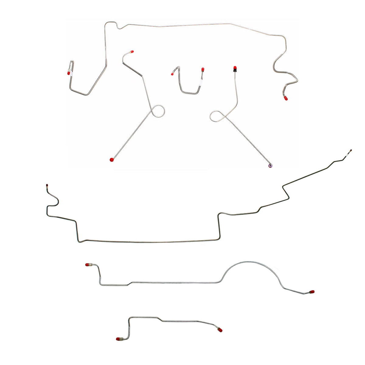 Complete brake line kit for 1974 MOPAR A-body with power brakes and 111'' wheel base, made from durable steel.