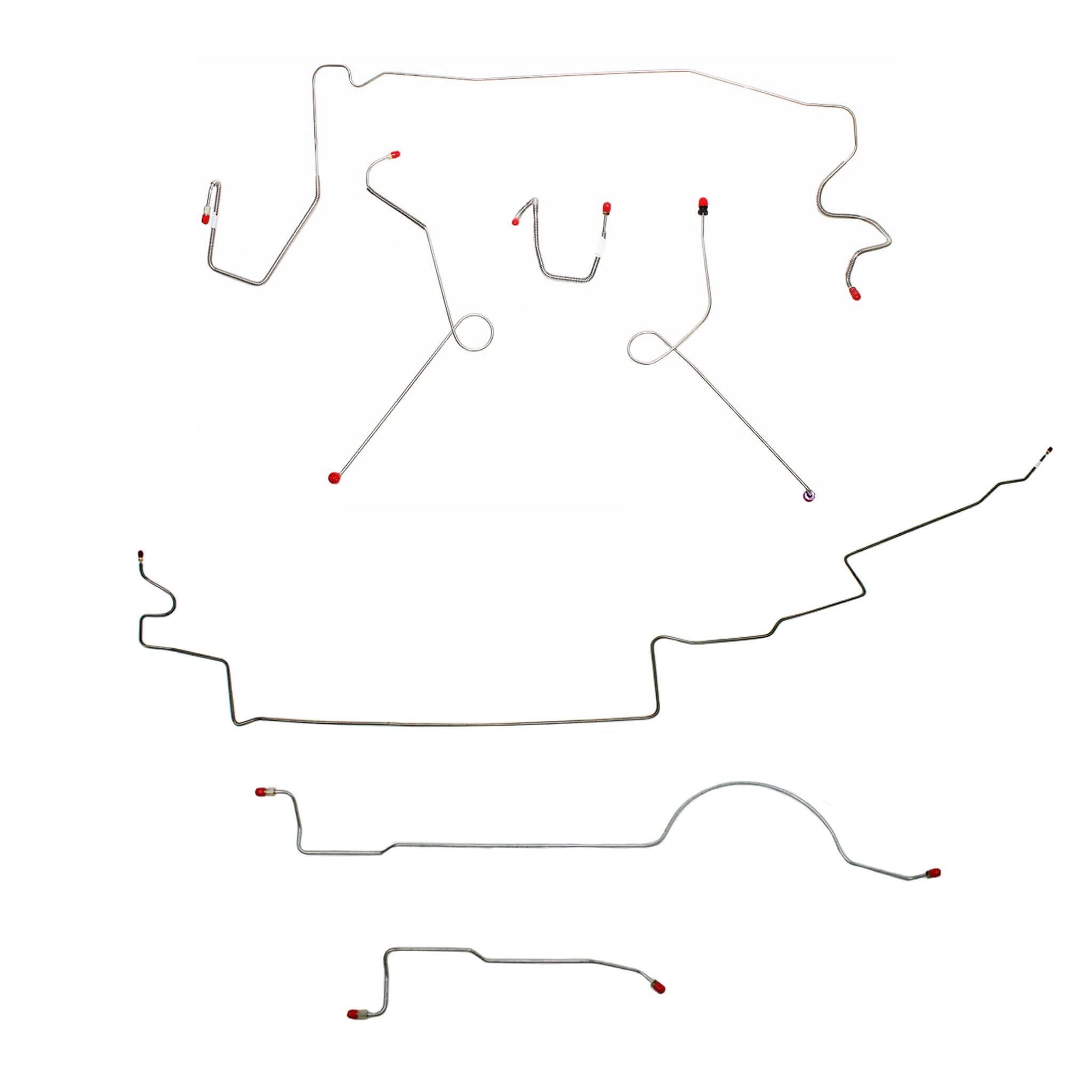 Complete brake line kit for 1974 MOPAR A-body with power brakes and 111'' wheel base, made from durable steel.