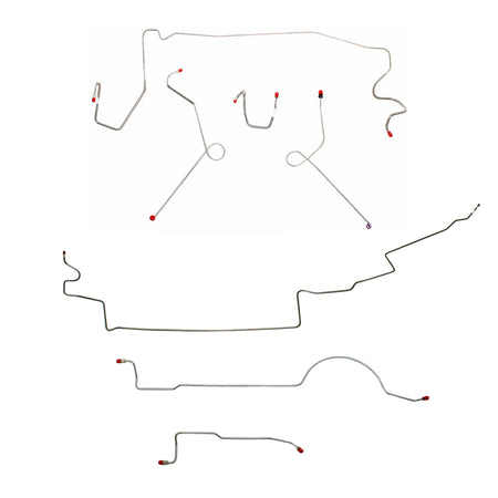 Complete brake line kit for 1974 MOPAR A-body with power brakes and 111'' wheel base, made from durable steel.