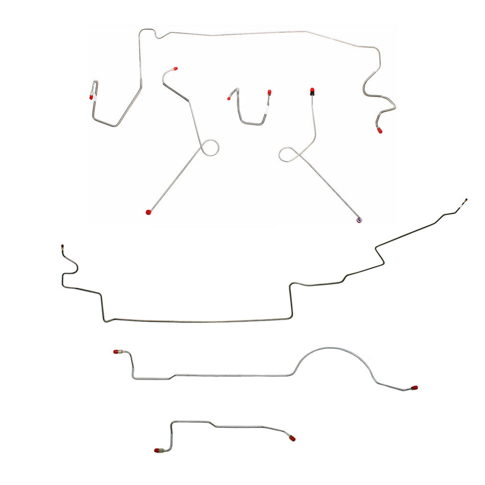 Complete brake line kit for 1974 MOPAR A-body with power brakes and 111'' wheel base, made from durable steel.