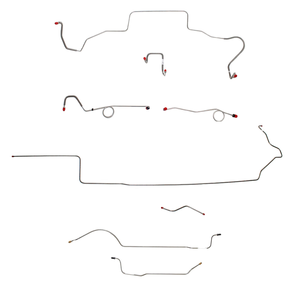 1967 MOPAR B-body complete steel brake line kit with multiple connections and fittings for standard disc brakes.