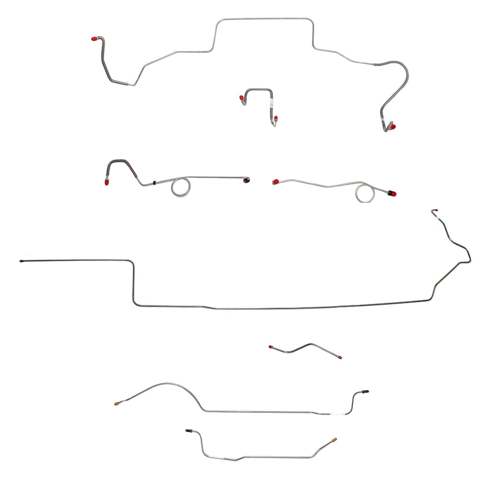 1967 MOPAR B-body complete steel brake line kit with multiple connections and fittings for standard disc brakes.