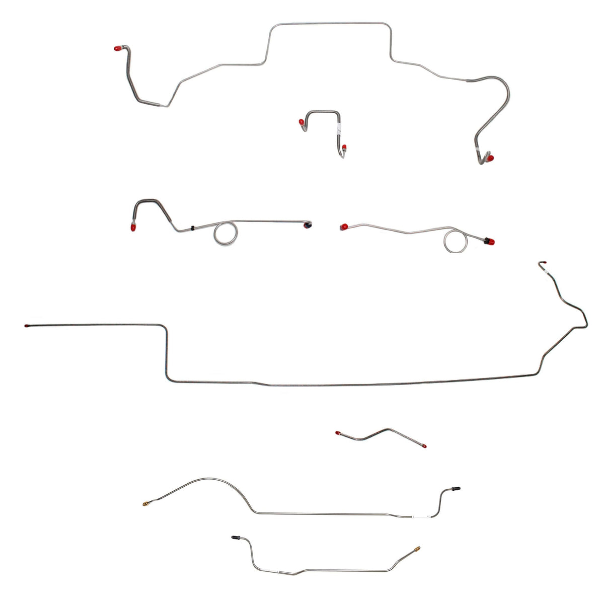 1967 MOPAR B-body complete steel brake line kit with multiple connections and fittings for standard disc brakes.