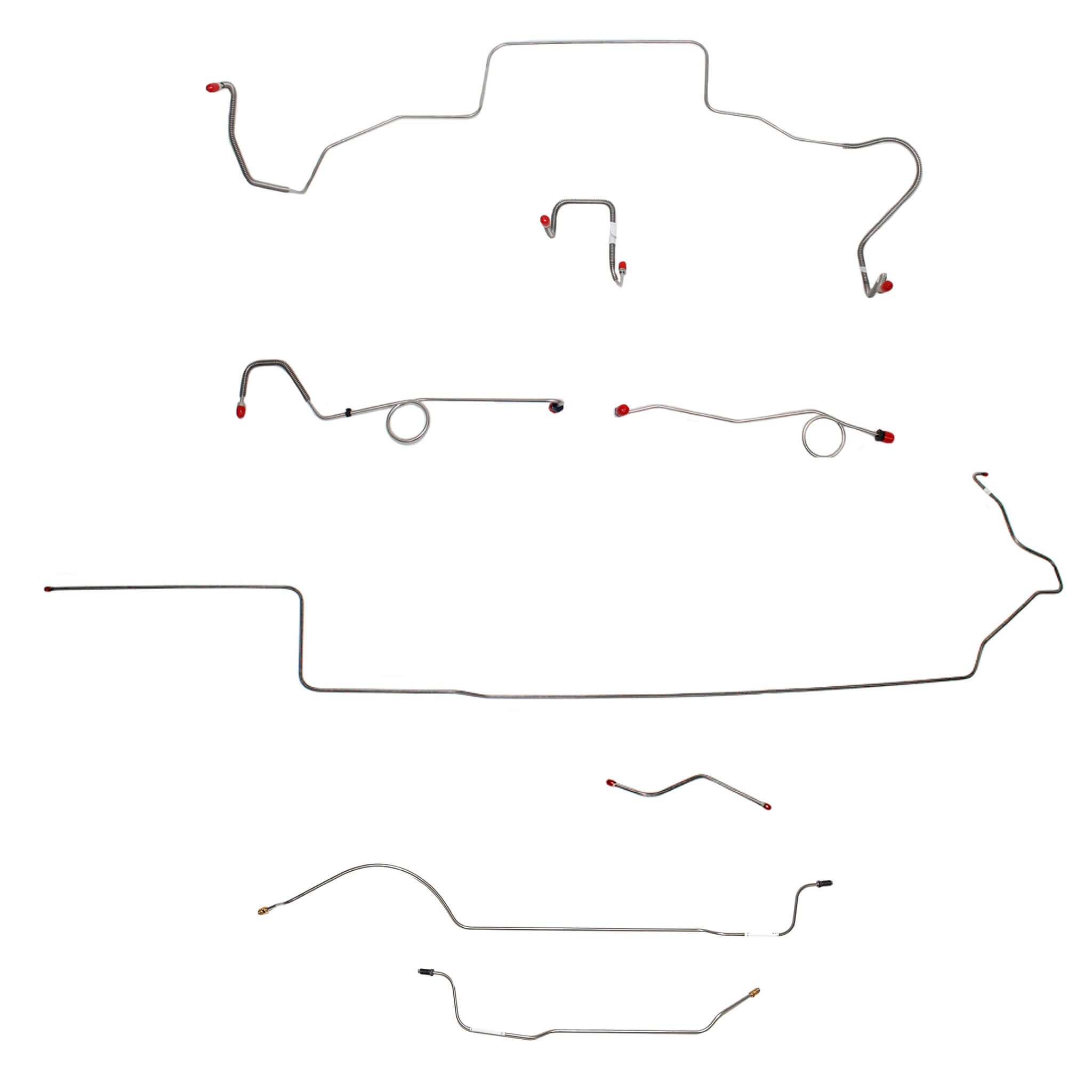 1967 MOPAR B-body complete steel brake line kit with multiple connections and fittings for standard disc brakes.