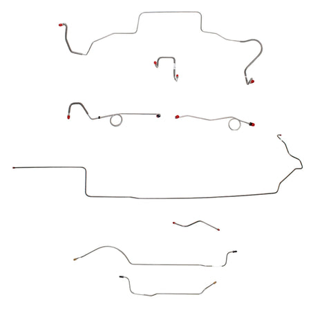 1967 MOPAR B-body complete steel brake line kit with multiple connections and fittings for standard disc brakes.