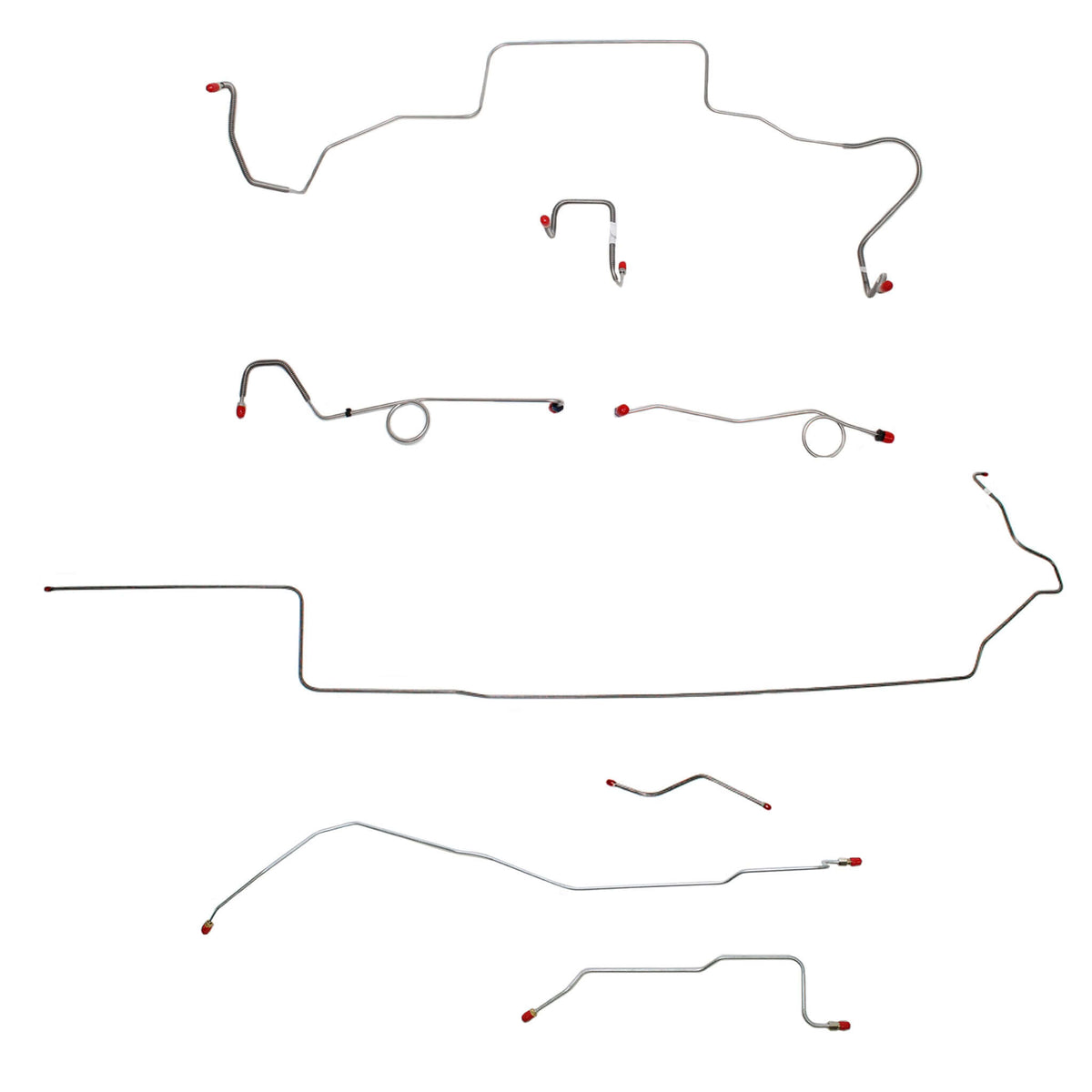 1967 MOPAR B-body complete steel brake line kit with red fittings for Dana axle and standard disc brake installation.
