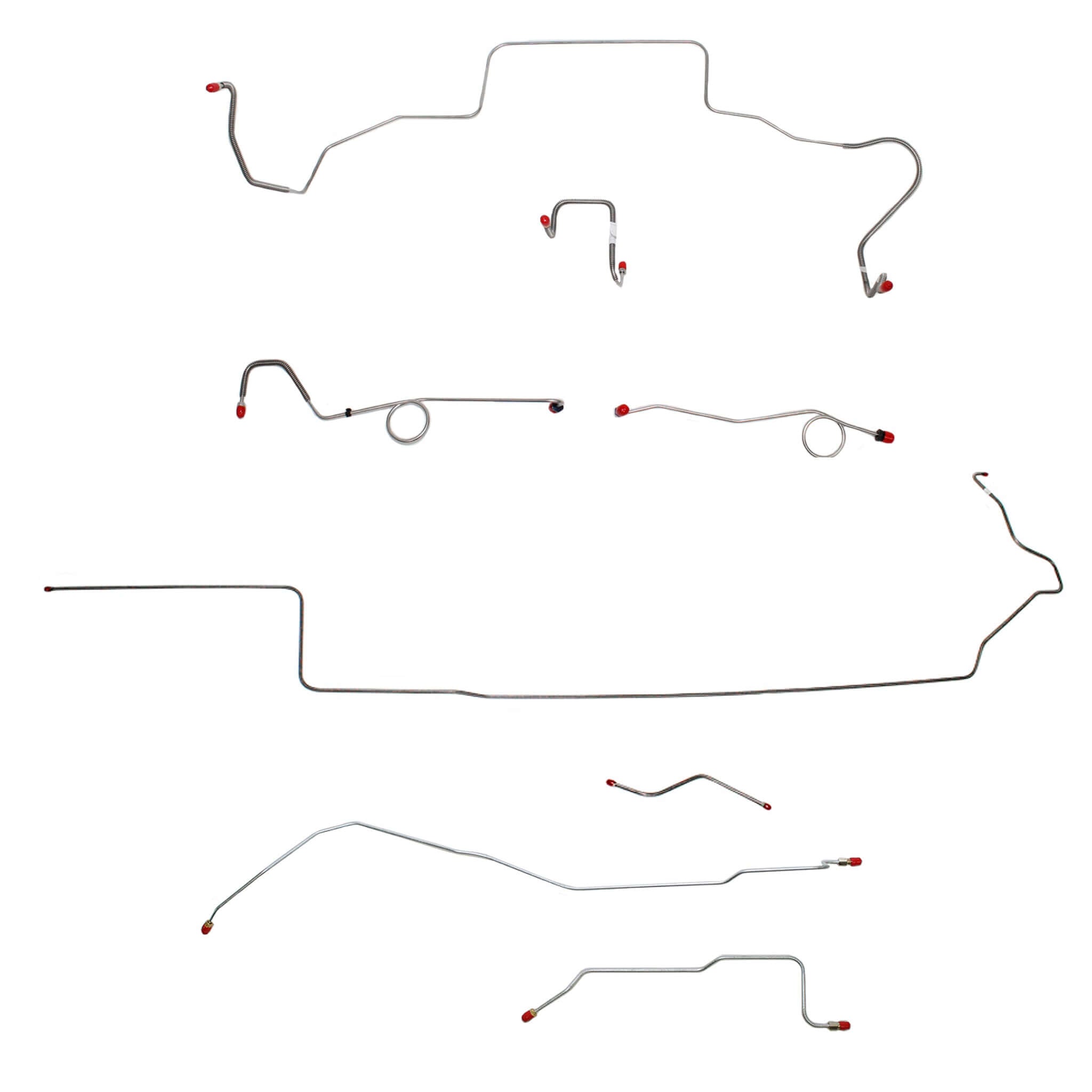 1967 MOPAR B-body complete steel brake line kit with red fittings for Dana axle and standard disc brake installation.