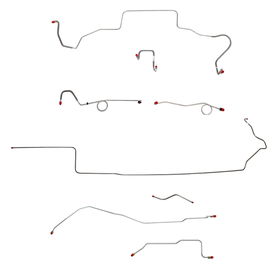 1967 MOPAR B-body complete steel brake line kit with red fittings for Dana axle and standard disc brake installation.