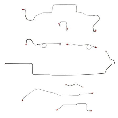 1967 MOPAR B-body complete steel brake line kit with red fittings for Dana axle and standard disc brake installation.