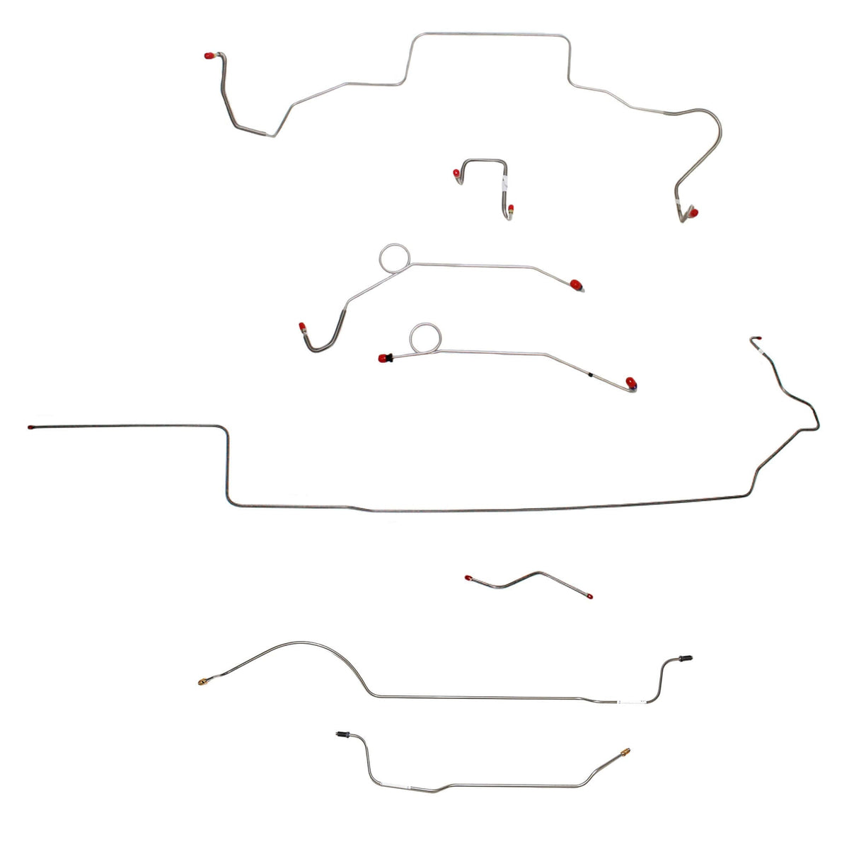 1967 MOPAR B-body complete steel brake line kit with power disc, right front over frame, 8-3/4'' axle components.