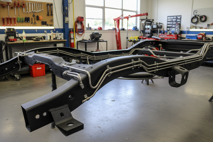 A bare chevy truck from with stainless brake and fuel lines on it.